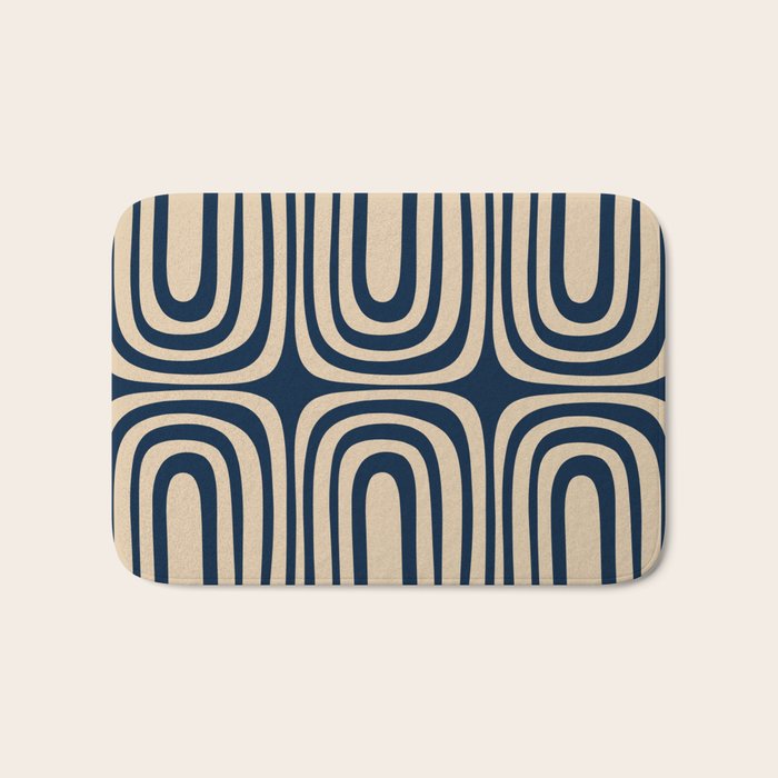 Midcentury Modern Confaab Abstract Pattern in Mid Mod Navy Blue and Beige Bath Mat Gallery Image 1