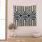Midcentury Modern Confaab Abstract Pattern in Mid Mod Navy Blue and Beige Wall Tapestry Gallery Image 2