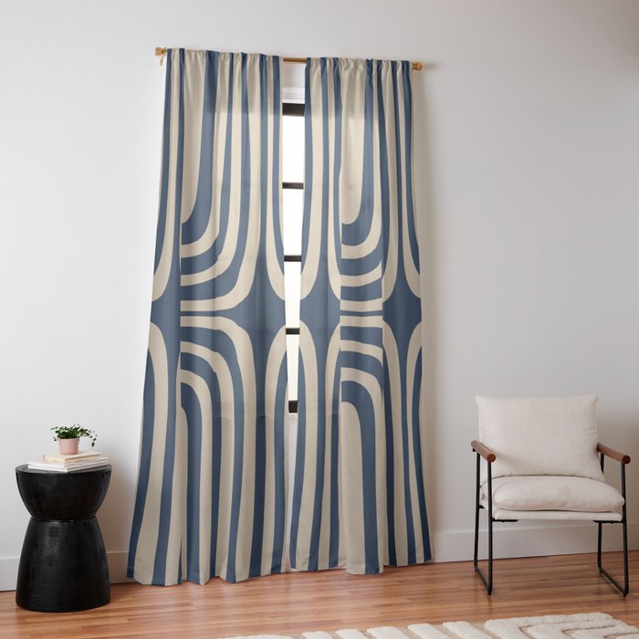 Midcentury Modern Confaab Abstract Pattern in Mid Mod Navy Blue and Beige Window Curtain Gallery Image 14