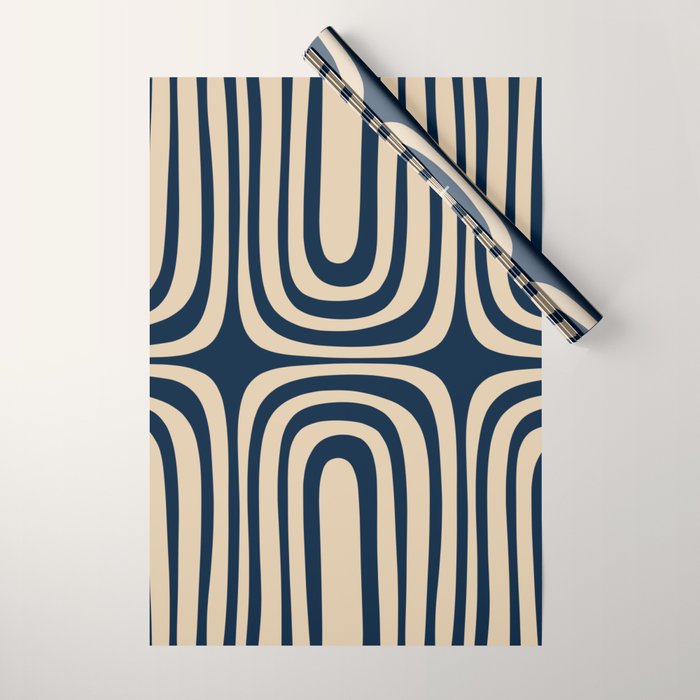 Midcentury Modern Confaab Abstract Pattern in Mid Mod Navy Blue and Beige Wrapping Paper Gallery Image 1