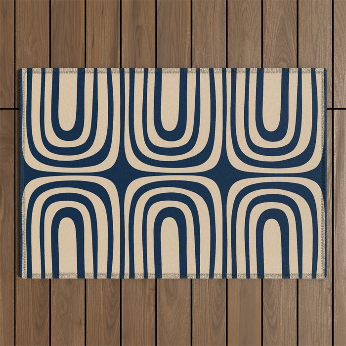 Midcentury Modern Confaab Abstract Pattern in Mid Mod Navy Blue and Beige Outdoor Rug Gallery Image 1