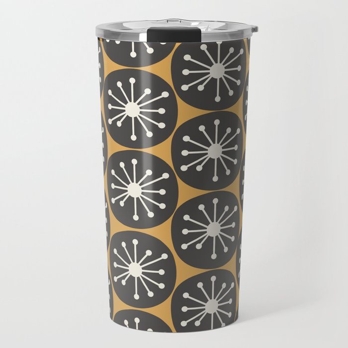 Atomic Retro Dots Midcentury Modern Pattern Muted Mustard Gold, Charcoal Grey, and Cream Travel Mug Gallery Image 1
