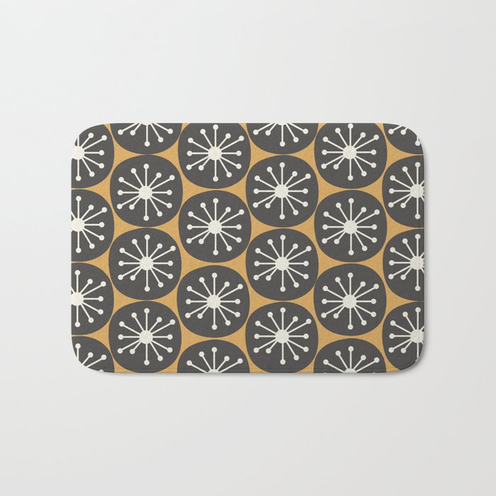 Atomic Retro Dots Midcentury Modern Pattern Muted Mustard Gold, Charcoal Grey, and Cream Bath Mat Gallery Image 1