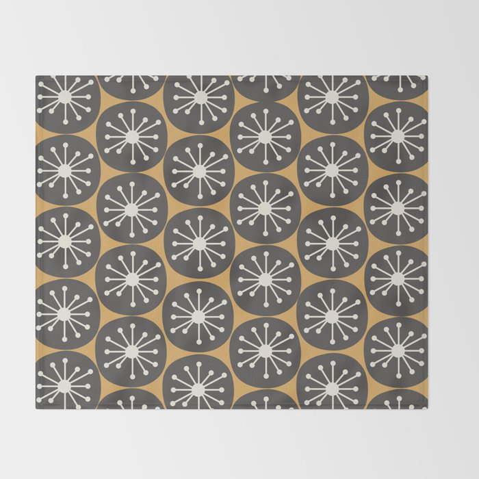Atomic Retro Dots Midcentury Modern Pattern Muted Mustard Gold, Charcoal Grey, and Cream Throw Blanket Gallery Image 2