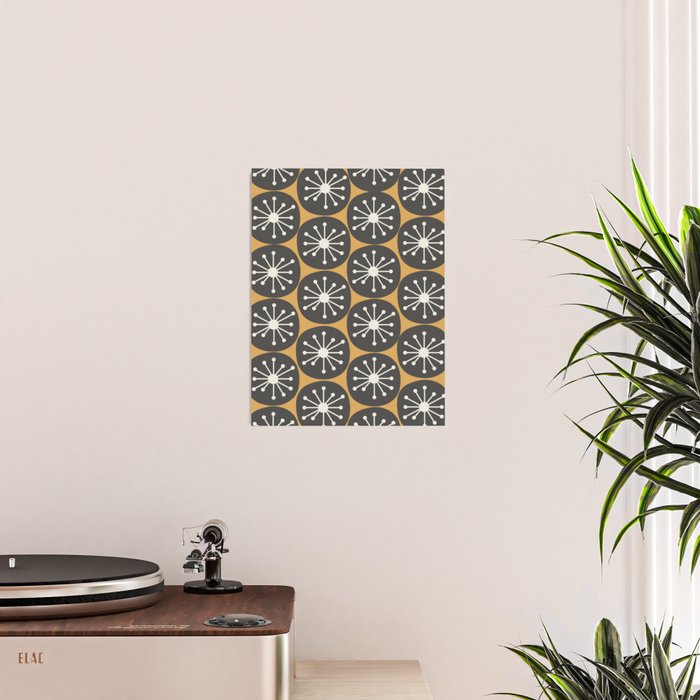 Atomic Retro Dots Midcentury Modern Pattern Muted Mustard Gold, Charcoal Grey, and Cream Poster Gallery Image 2
