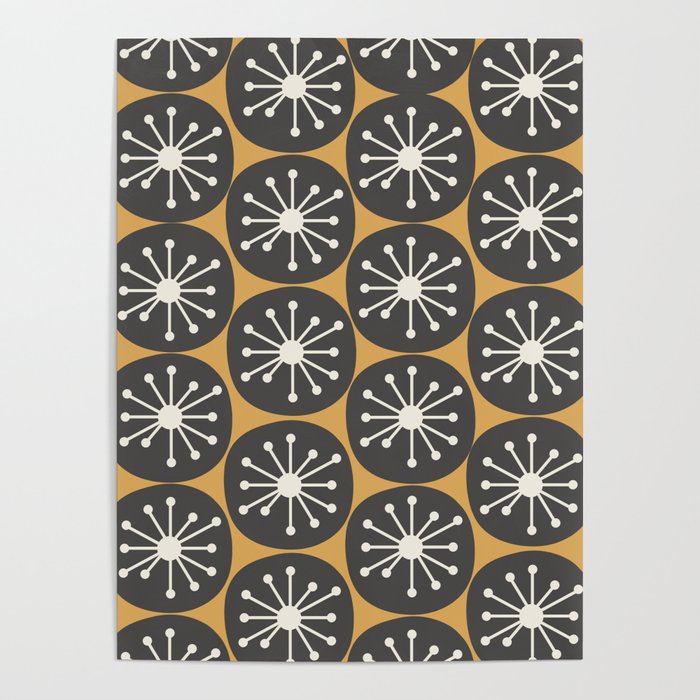 Atomic Retro Dots Midcentury Modern Pattern Muted Mustard Gold, Charcoal Grey, and Cream Poster Gallery Image 1