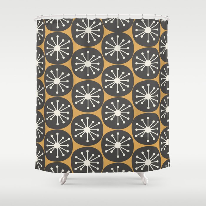 Atomic Retro Dots Midcentury Modern Pattern Muted Mustard Gold, Charcoal Grey, and Cream Shower Curtain Gallery Image 1