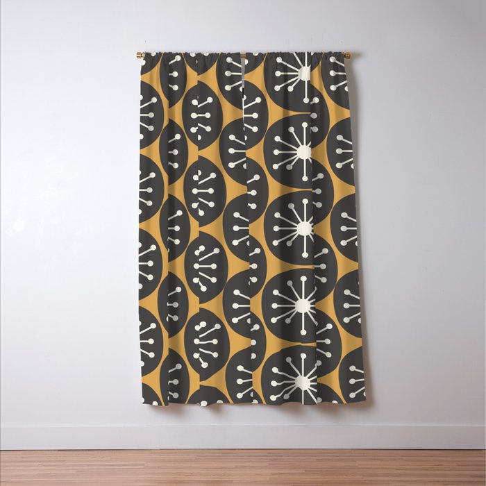 Atomic Retro Dots Midcentury Modern Pattern Muted Mustard Gold, Charcoal Grey, and Cream Window Curtain Gallery Image 3