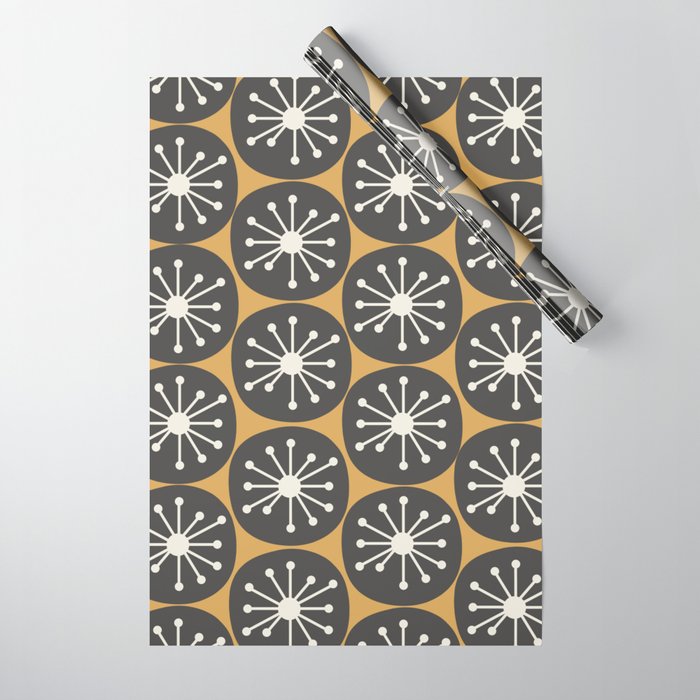 Atomic Retro Dots Midcentury Modern Pattern Muted Mustard Gold, Charcoal Grey, and Cream Wrapping Paper Gallery Image 1