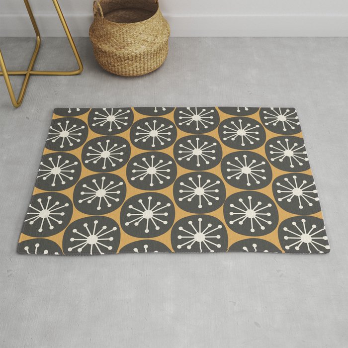 Atomic Retro Dots Midcentury Modern Pattern Muted Mustard Gold, Charcoal Grey, and Cream Rug Gallery Image 1