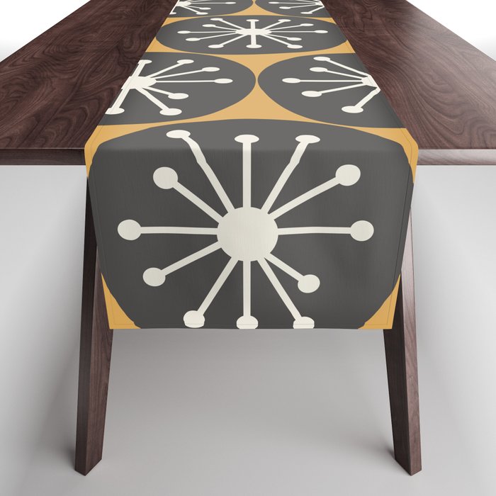 Atomic Retro Dots Midcentury Modern Pattern Muted Mustard Gold, Charcoal Grey, and Cream Table Runner Gallery Image 1