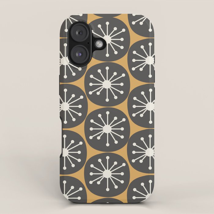 Atomic Retro Dots Midcentury Modern Pattern Muted Mustard Gold, Charcoal Grey, and Cream iPhone Case Gallery Image 1