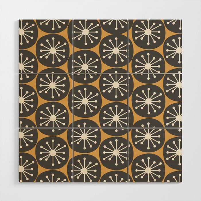 Atomic Retro Dots Midcentury Modern Pattern Muted Mustard Gold, Charcoal Grey, and Cream Wood Wall Art Gallery Image 1