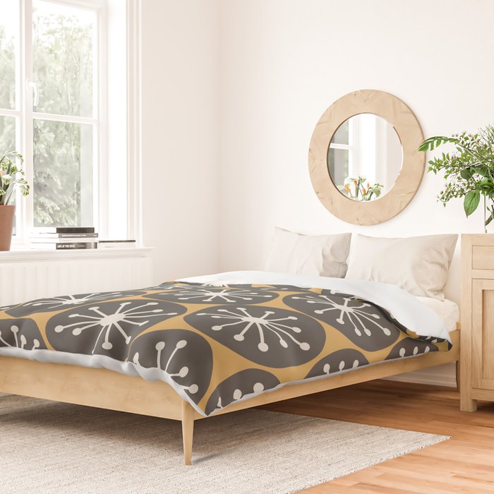 Atomic Retro Dots Midcentury Modern Pattern Muted Mustard Gold, Charcoal Grey, and Cream Duvet Cover Gallery Image 2