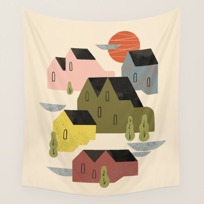 Cozy Village Wall Tapestry Gallery Image 1