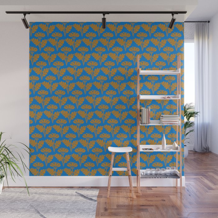 Vintage Floral Arches Art Nouveau Pattern in Cerulean Blue and Deep Mustard Wall Mural Gallery Image 1