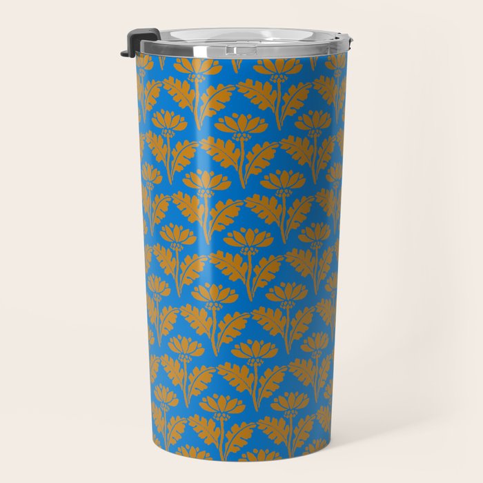 Vintage Floral Arches Art Nouveau Pattern in Cerulean Blue and Deep Mustard Travel Mug Gallery Image 3