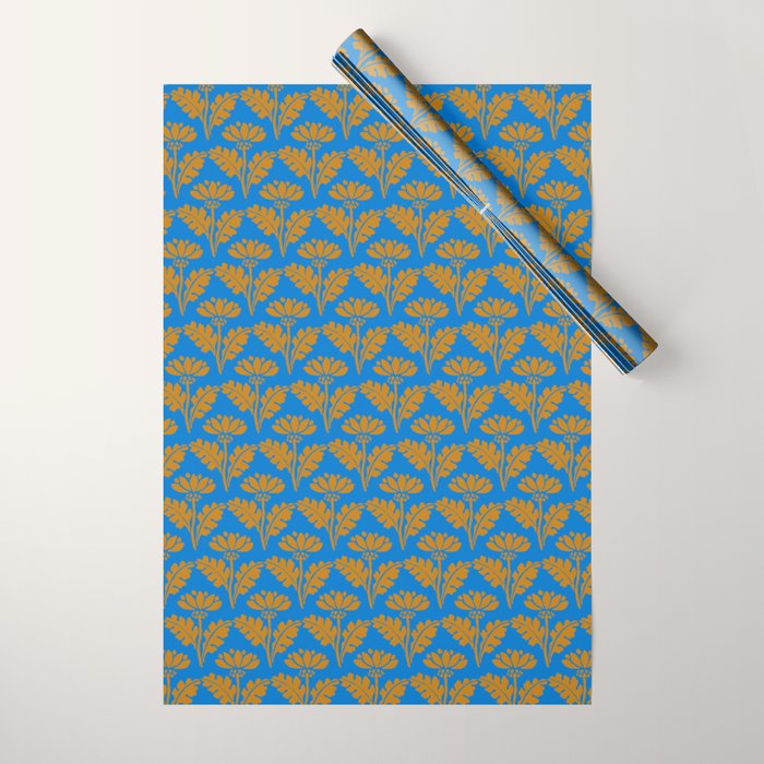 Vintage Floral Arches Art Nouveau Pattern in Cerulean Blue and Deep Mustard Wrapping Paper Gallery Image 1