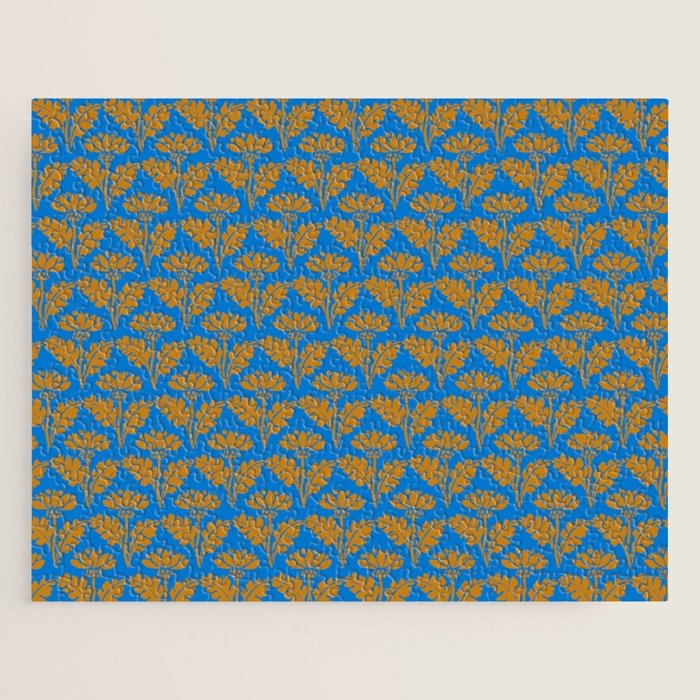 Vintage Floral Arches Art Nouveau Pattern in Cerulean Blue and Deep Mustard Jigsaw Puzzle Gallery Image 1