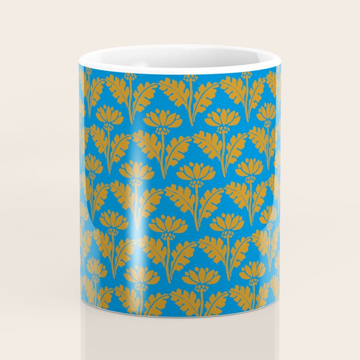 Vintage Floral Arches Art Nouveau Pattern in Cerulean Blue and Deep Mustard Coffee Mug Gallery Image 4