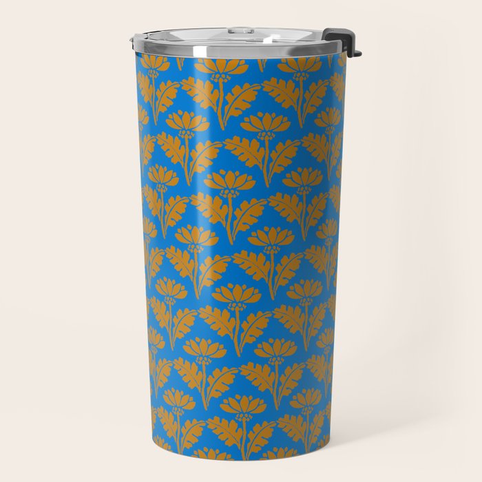 Vintage Floral Arches Art Nouveau Pattern in Cerulean Blue and Deep Mustard Travel Mug Gallery Image 2