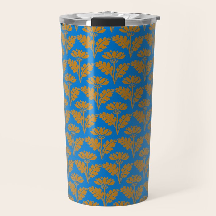 Vintage Floral Arches Art Nouveau Pattern in Cerulean Blue and Deep Mustard Travel Mug Gallery Image 1