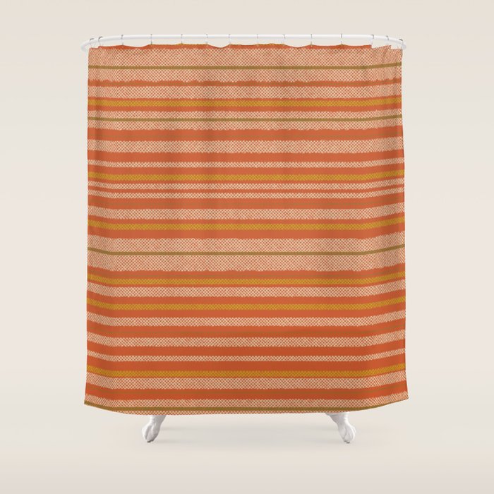 Retro Textured Stripes in Mid Century Modern Mustard, Beige, Olive, and Orange Shower Curtain Gallery Image 1