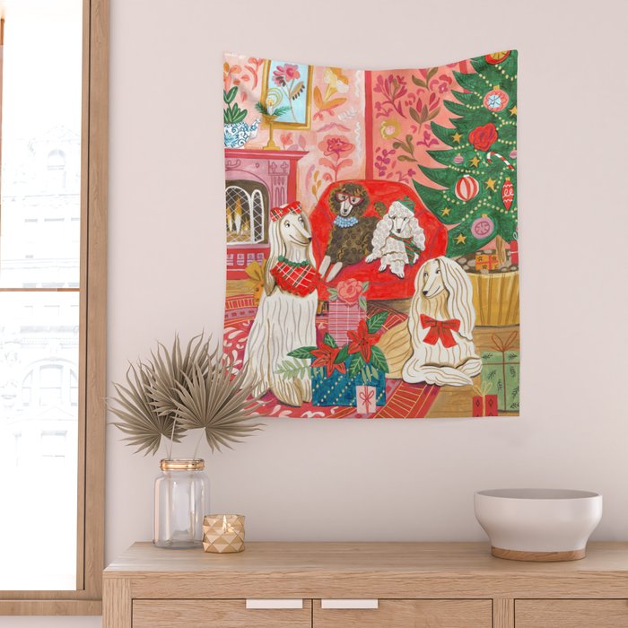 Dogs in cosy living room in bright colours Wall Tapestry Gallery Image 2
