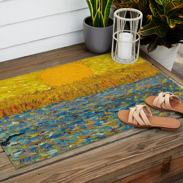 Van Gogh Sunrise over golden fields of wheat; Provence, France landscape painting Outdoor Rug Gallery Image 2