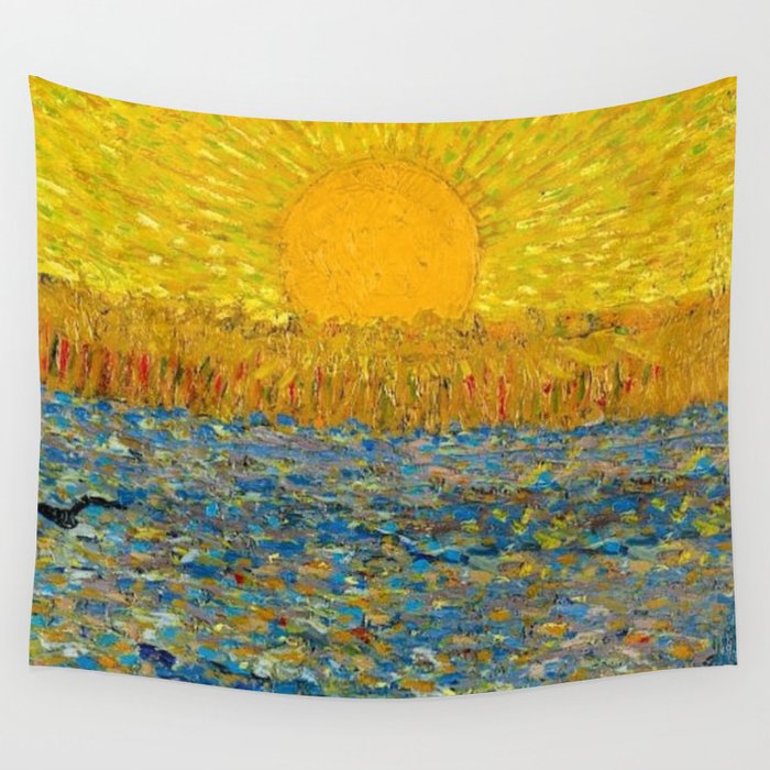Van Gogh Sunrise over golden fields of wheat; Provence, France landscape painting Wall Tapestry Gallery Image 4