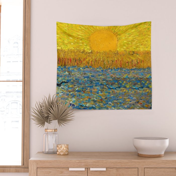 Van Gogh Sunrise over golden fields of wheat; Provence, France landscape painting Wall Tapestry Gallery Image 2