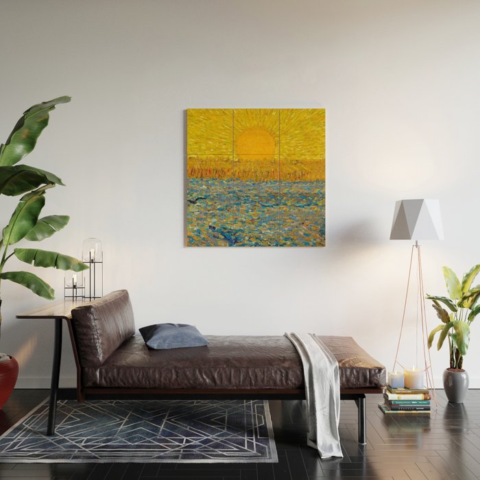 Van Gogh Sunrise over golden fields of wheat; Provence, France landscape painting Wood Wall Art Gallery Image 2