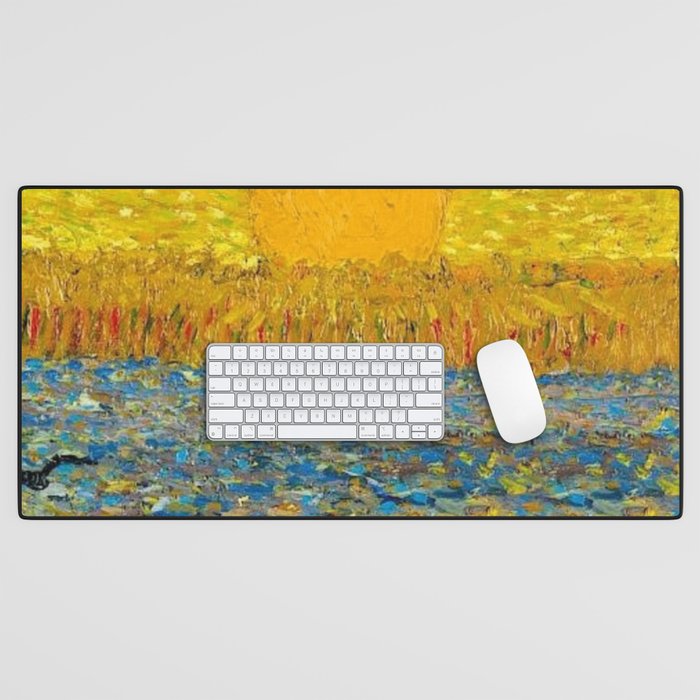 Van Gogh Sunrise over golden fields of wheat; Provence, France landscape painting Desk Mat Gallery Image 1