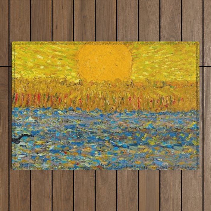 Van Gogh Sunrise over golden fields of wheat; Provence, France landscape painting Outdoor Rug Gallery Image 1