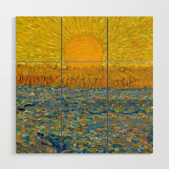 Van Gogh Sunrise over golden fields of wheat; Provence, France landscape painting Wood Wall Art Gallery Image 1