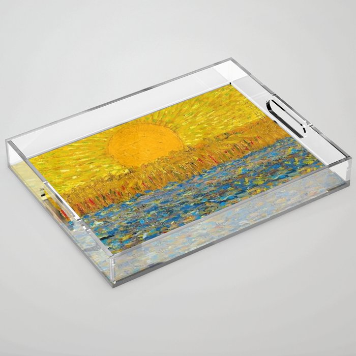 Van Gogh Sunrise over golden fields of wheat; Provence, France landscape painting Acrylic Tray Gallery Image 1