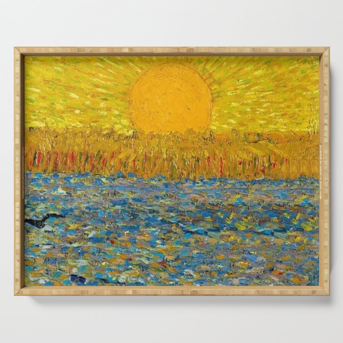 Van Gogh Sunrise over golden fields of wheat; Provence, France landscape painting Serving Tray Gallery Image 1