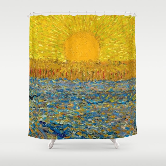 Van Gogh Sunrise over golden fields of wheat; Provence, France landscape painting Shower Curtain Gallery Image 1