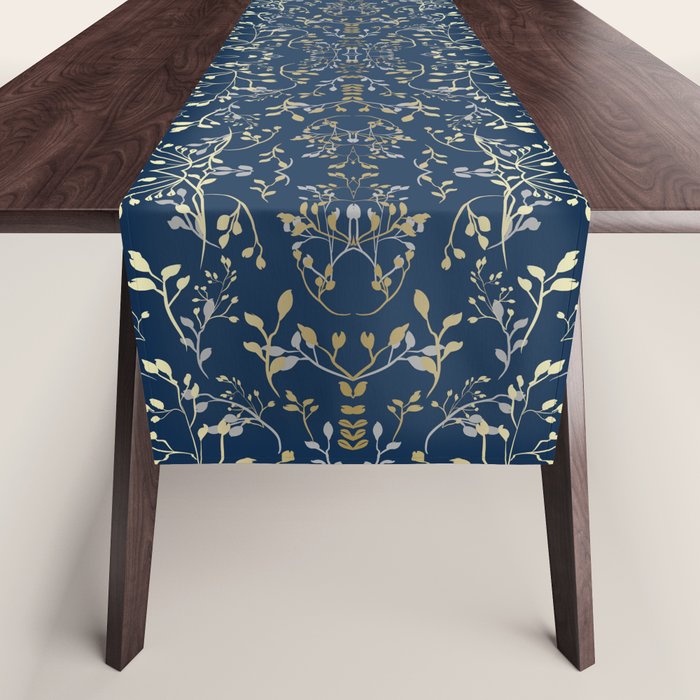 Floral Leaves, Navy Blue and Gold, Wall Art Prints Table Runner Gallery Image 1
