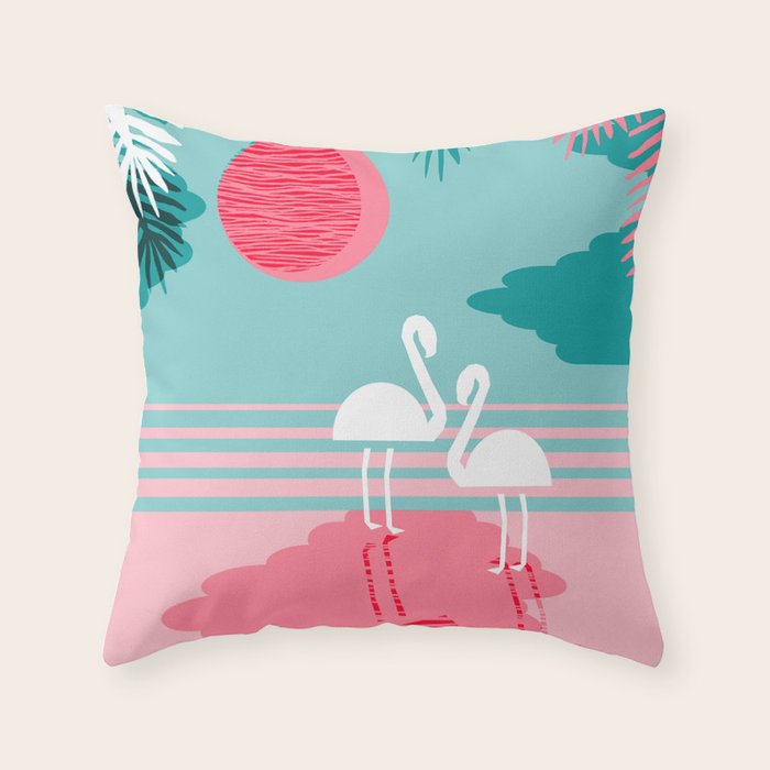 Chill Vibes - memphis retro throwback 1980s 80s neon pop art flamingo paradise socal vacation Throw Pillow Gallery Image 1