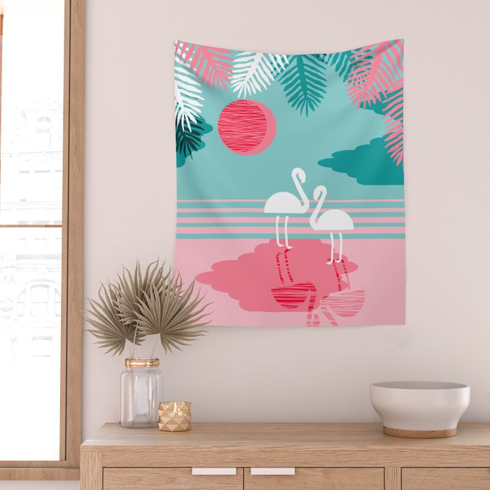 Chill Vibes - memphis retro throwback 1980s 80s neon pop art flamingo paradise socal vacation Wall Tapestry Gallery Image 2