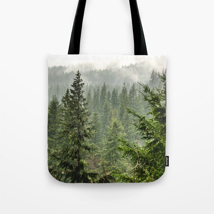 Wanderlust Forest - Mountain Adventure in Foggy Woods Tote Bag Gallery Image 1