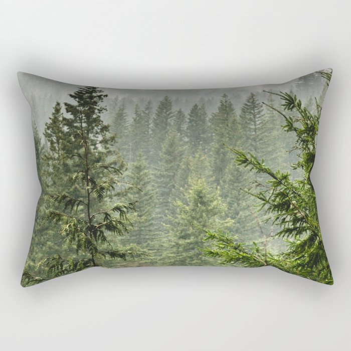 Wanderlust Forest - Mountain Adventure in Foggy Woods Rectangular Pillow Gallery Image 1