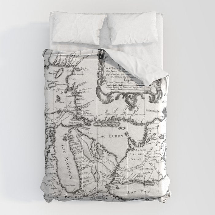 Vintage Map of The Great Lakes (1755) BW Comforter Gallery Image 6
