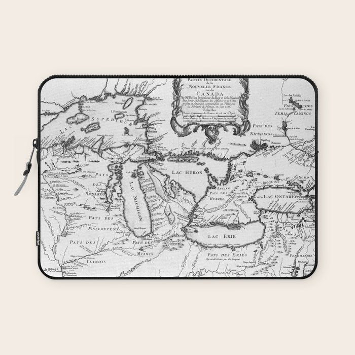 Vintage Map of The Great Lakes (1755) BW Laptop Sleeve Gallery Image 1