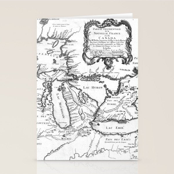 Vintage Map of The Great Lakes (1755) BW Stationery Card Gallery Image 1