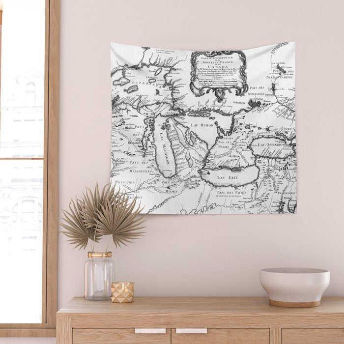 Vintage Map of The Great Lakes (1755) BW Wall Tapestry Gallery Image 2
