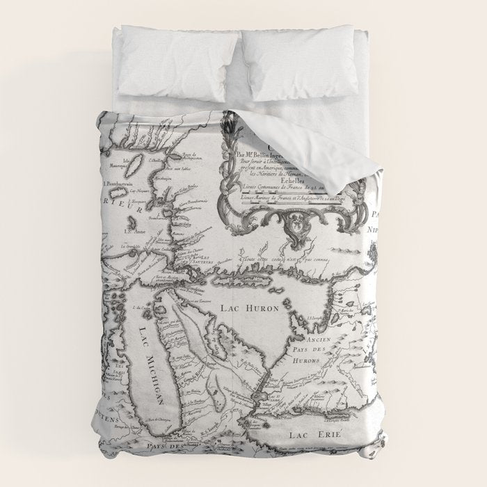 Vintage Map of The Great Lakes (1755) BW Duvet Cover Gallery Image 1