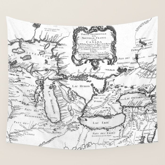 Vintage Map of The Great Lakes (1755) BW Wall Tapestry Gallery Image 4