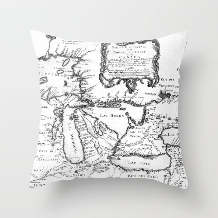 Vintage Map of The Great Lakes (1755) BW Throw Pillow Gallery Image 1